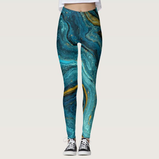 Moderne blauwe groene goudkleurige Abstracte kunst Leggings (Voorkant)