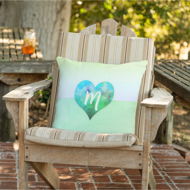 Moderne Blauwe Groene Grunge Hart Monogram Buitenkussen (Stoel)
