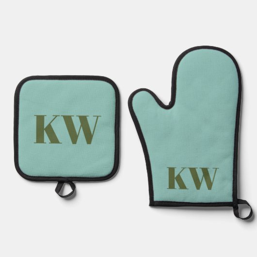 Moderne Blauwe Groene Monogram Beginletters Gepers Ovenwant & Pannenlap Set (Voorkant)