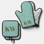 Moderne Blauwe Groene Monogram Beginletters Gepers Ovenwant & Pannenlap Set (Voorkant / Achterkant)