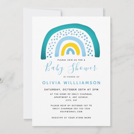 Moderne Blauwe Groene Regenboog Baby Shower Baby J Kaart (Voorkant)