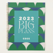 Moderne blauwe groene retro geometrische grote pla planner (Voorkant)