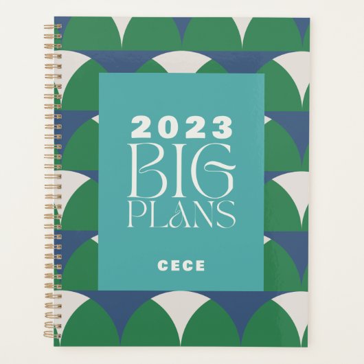 Moderne blauwe groene retro geometrische grote pla planner (Voorkant)