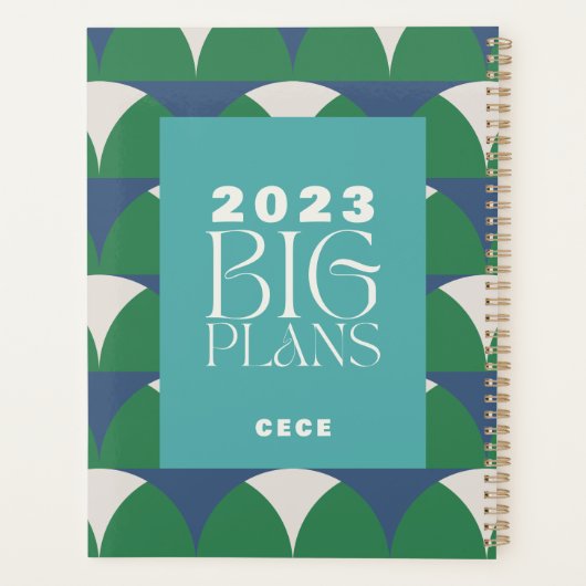 Moderne blauwe groene retro geometrische grote pla planner (Achterkant)