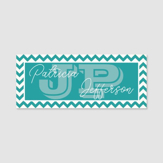 Moderne Blauwe Groene Teal Chevron Monogram Naamplaatje (Voorkant)