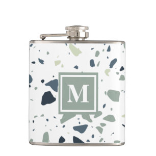 Moderne Blauwe Groene Terrazzo Marmeren Monogram Heupfles