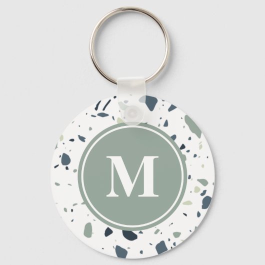 Moderne Blauwe Groene Terrazzo Marmeren Monogram Sleutelhanger (Voorkant)