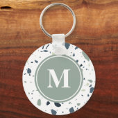 Moderne Blauwe Groene Terrazzo Marmeren Monogram Sleutelhanger (Voorkant)