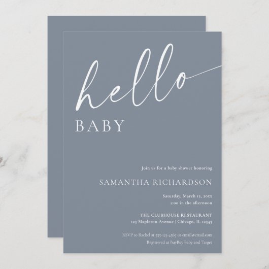 Moderne blauwe hallo baby baby shower kaart (Voorkant / Achterkant)