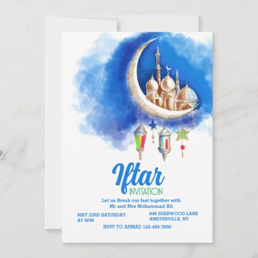 Moderne Blauwe Halve Iftar Party Uitnodiging (Voorkant)