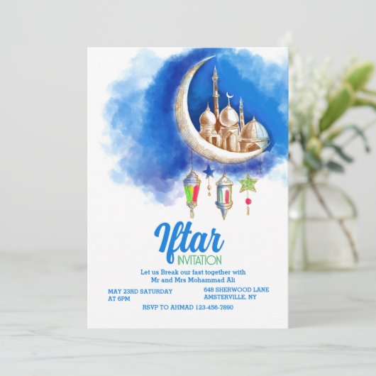 Moderne Blauwe Halve Iftar Party Uitnodiging (Staand voorkant)