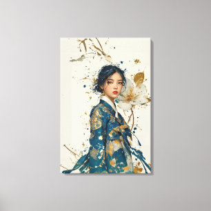 Moderne Blauwe Hanbok en Gouden Folie Bloemschilde Canvas Afdruk