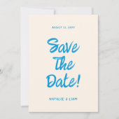 Moderne blauwe hand getekend heldere retro eigenzi save the date (Voorkant)