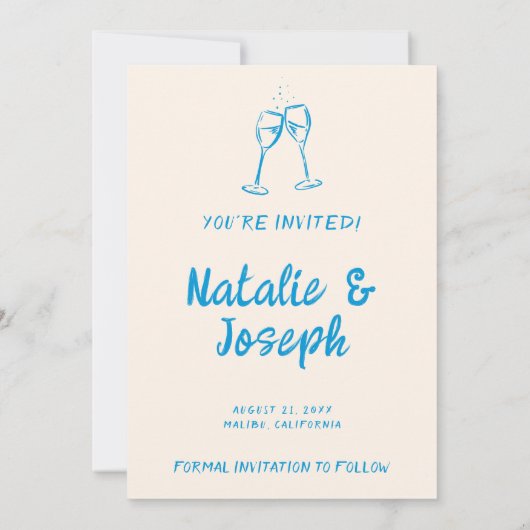 Moderne blauwe hand getekend heldere retro eigenzi save the date (Achterkant)