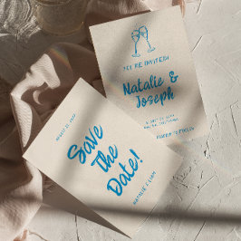 Moderne blauwe hand getekend heldere retro eigenzi save the date