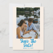 Moderne blauwe hand getekend heldere retro foto br save the date (Voorkant)