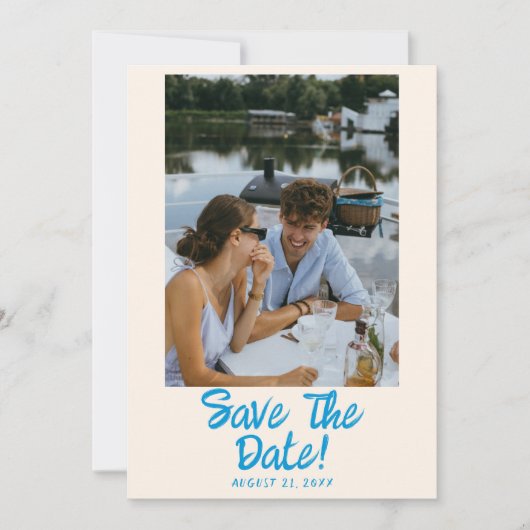 Moderne blauwe hand getekend heldere retro foto br save the date (Voorkant)