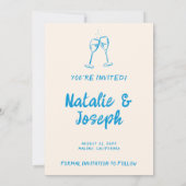 Moderne blauwe hand getekend heldere retro foto br save the date (Achterkant)