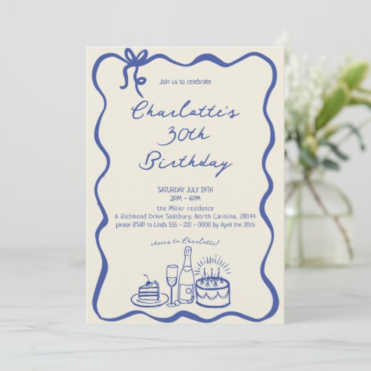 MODERNE BLAUWE Hand Getrokken 30ste Verjaardag Uit Kaart (Staand voorkant)