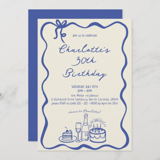 MODERNE BLAUWE Hand Getrokken 30ste Verjaardag Uit Kaart (Voorkant / Achterkant)