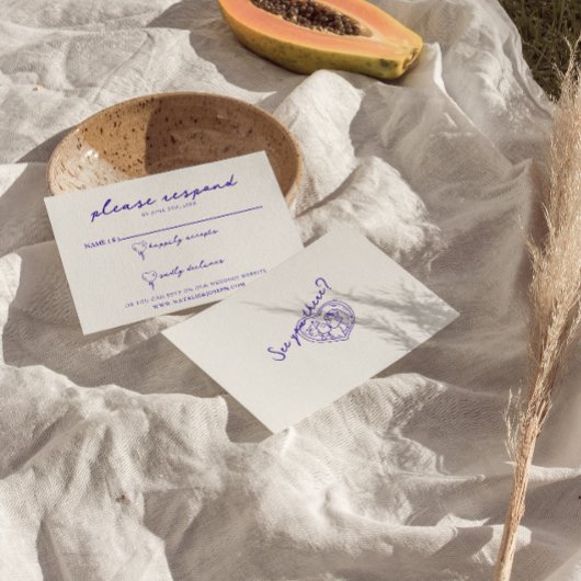 Moderne blauwe hand getrokken retro leuk funky bru RSVP kaartje