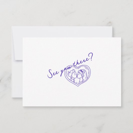 Moderne blauwe hand getrokken retro leuk funky bru RSVP kaartje (Achterkant)