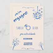 Moderne Blauwe Hand getrokken Verlovingsfeestuitno Kaart (Voorkant / Achterkant)