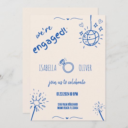 Moderne Blauwe Hand getrokken Verlovingsfeestuitno Kaart (Voorkant / Achterkant)