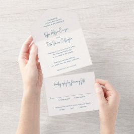Moderne Blauwe Handgeschreven Elegante Trouwscript All In One Uitnodiging