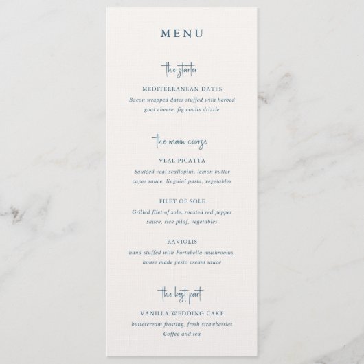 Moderne Blauwe Handgeschreven Script Elegant Bruil Menu (Voorkant)