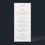 Moderne Blauwe Handgeschreven Script Elegant Bruil Menu<br><div class="desc">Elegante bruiloftsmenu met een eenvoudig en klassiek ontwerp met koppen in een modern script en de resterende tekst in een combinatie van traditionele serif- en cursieve lettertypen.</div>