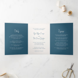 Moderne Blauwe Handgeschreven Script Elegante Trou Drieluik Uitnodiging