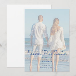 Moderne blauwe handgeschreven trouwfoto save the date