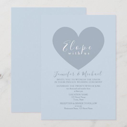 Moderne Blauwe Hart Elopement bruiloft Kaart (Voorkant / Achterkant)