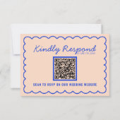 Moderne Blauwe Heldere QR Code Retro Leuke Bruilof RSVP Kaartje (Voorkant)