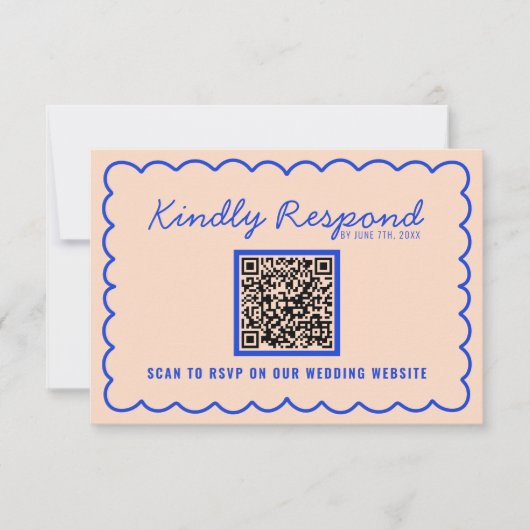 Moderne Blauwe Heldere QR Code Retro Leuke Bruilof RSVP Kaartje (Voorkant)