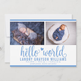 Moderne Blauwe Hello World Foto Geboorte Statistie Aankondiging