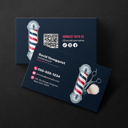 Moderne blauwe herenkapper kapper stylist QR-code Visitekaartje