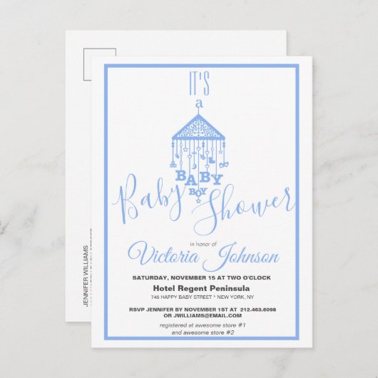 Moderne Blauwe Het is een Jongens Baby Shower Uitn Uitnodiging Briefkaart (Voorkant / Achterkant)