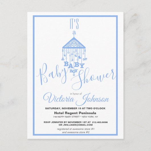 Moderne Blauwe Het is een Jongens Baby Shower Uitn Uitnodiging Briefkaart (Voorkant)