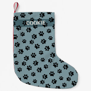 Moderne Blauwe Hond Met Poot Patroon en Naam Kleine Kerstsok