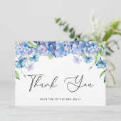 Moderne blauwe hortensia bloem bruidsdouche bedankkaart (Staand voorkant)