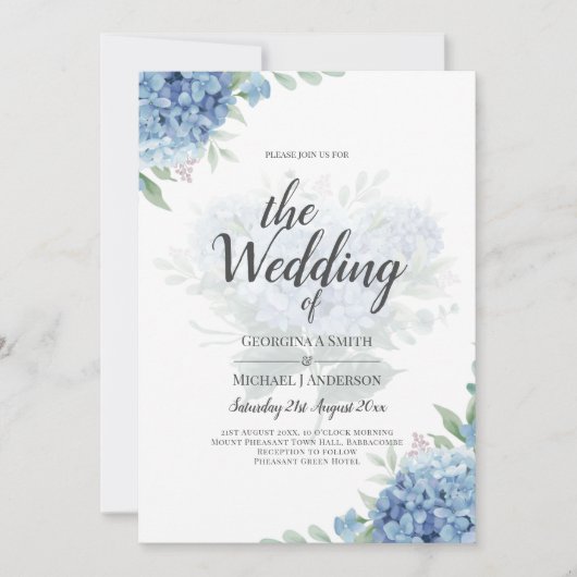 Moderne blauwe hortensia bloem bruiloft uitnodigin (Voorkant)