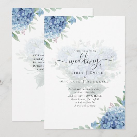 Moderne blauwe hortensia bloemen trouw uitnodiging (Voorkant / Achterkant)