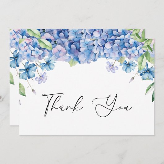Moderne Blauwe Hortensia Bloemrijke Bruidsdouche Bedankkaart (Voorkant / Achterkant)
