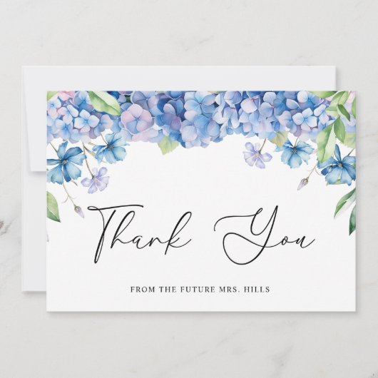 Moderne Blauwe Hortensia Bloemrijke Bruidsdouche Bedankkaart (Voorkant)