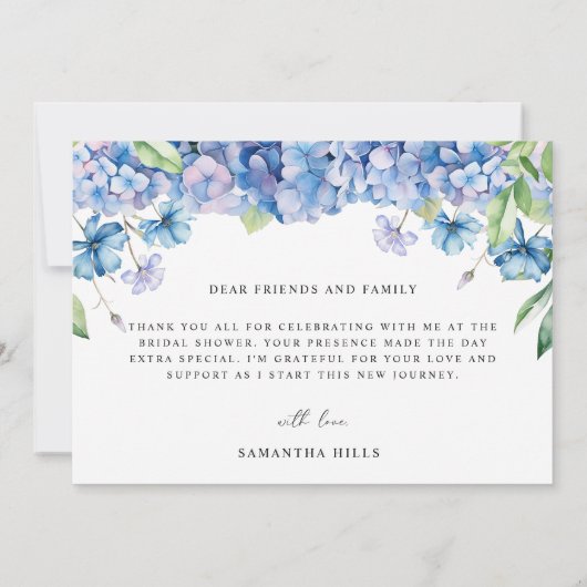 Moderne Blauwe Hortensia Bloemrijke Bruidsdouche Bedankkaart (Achterkant)