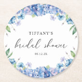 Moderne Blauwe Hortensia Bloemrijke Bruidsdouche Ronde Kartonnen Onderzetter (Voorkant)