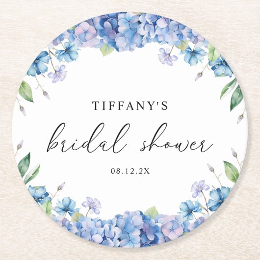 Moderne Blauwe Hortensia Bloemrijke Bruidsdouche Ronde Kartonnen Onderzetter (Voorkant)