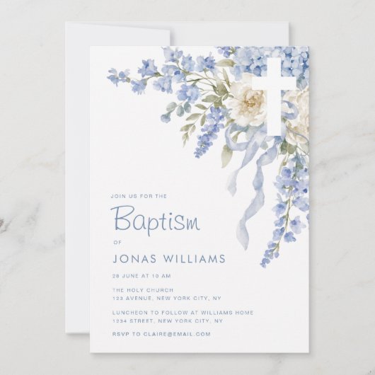 Moderne blauwe hortensia doop kaart (Voorkant)